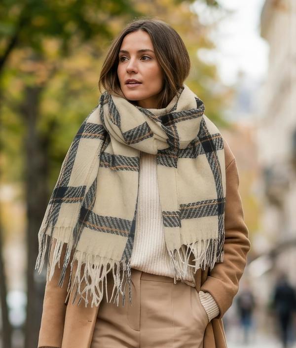 VIA MONTEN Women’s Vintage Plaid Scarf, Oversized Winter Wrap Shawl with Fringe for Cold Weather