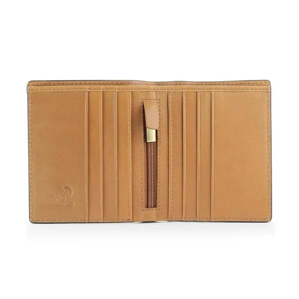 Open view of Tan leather wallet with a gold zipper on a white background