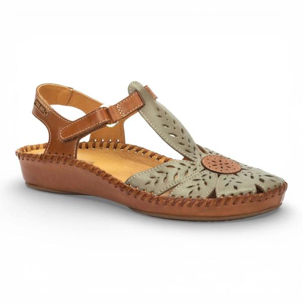 Pikolinos P-Vallarta - Women’s Tan Green Leather Wedge Sandals