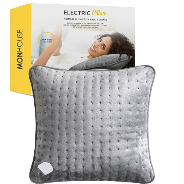 MONHOUSE Heated Pillow Grey Cushion - 3 Heat Settings - Detachable Controller - 45x45cm