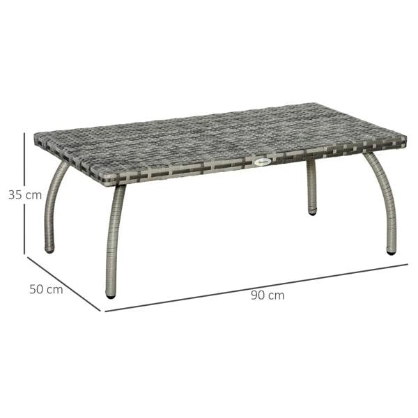 Grey wicker garden coffee table with rectangular woven top and four curved legs
