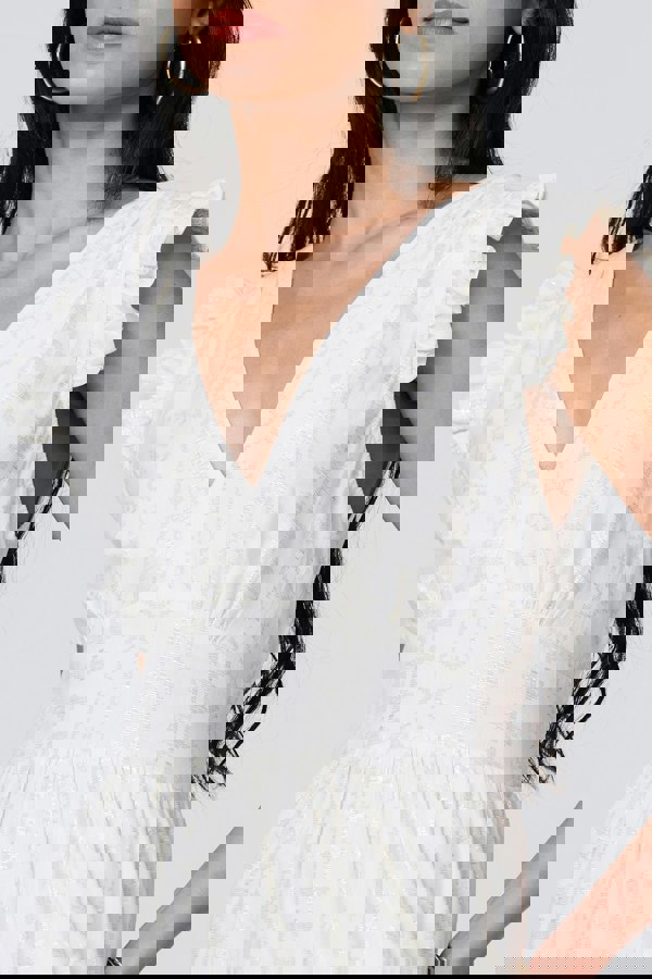White | Metallic Detail Frill Cap Sleeve Maxi Dress
