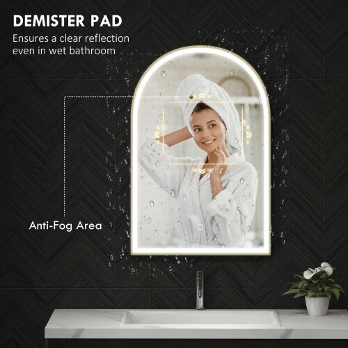 HOMCOM 90x60cm LED Bathroom Mirror, Anti-Fog Arched Vanity Mirror, Gold Tone