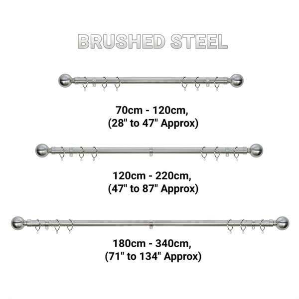 A.Unique Home Plain Ball Extendable Curtain Pole (25/28mm) (Brushed Steel,120cm - 220cm)