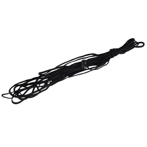 Black drawstring cord for securing a dark green patio furniture cover