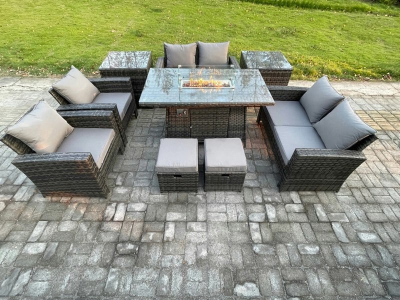 Fimous 9-Piece Wicker Rattan Outdoor Gas Fire Pit Dining Set | Sofa, 2 Footstools, 2 Side Tables | Dark Grey
