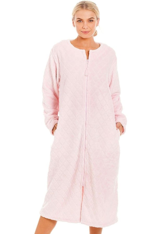 Camille Womens Supersoft Light Blue Zip Front Diamond Print Housecoat - diamond pink