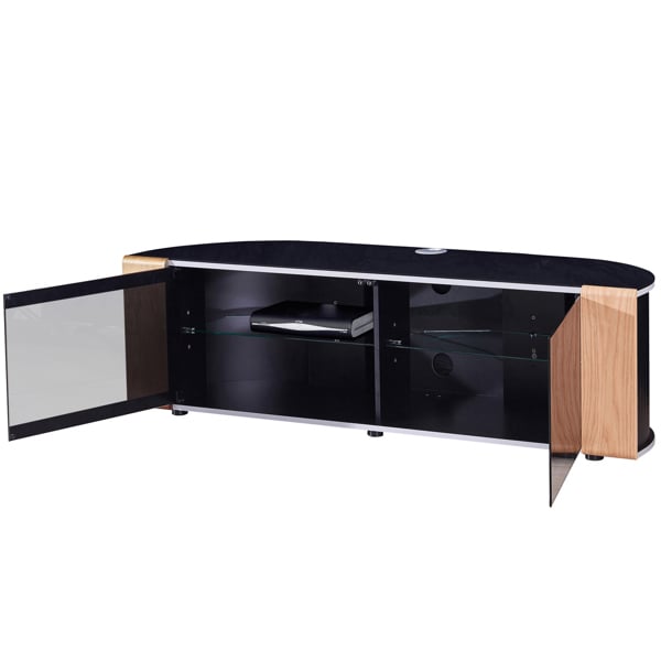 MDA Designs Sirius 1600 TV Cabinet Gloss Black Stand with BEAMTHRU Remote-Friendly Glass Door, Walnut/Oak Trims for TVs up to 70” TV