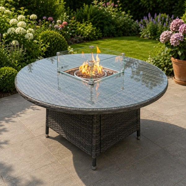 Fimous Rattan Round Outdoor Propane Butane Gas Fire Pit Dining Table - Dark Mixed Grey