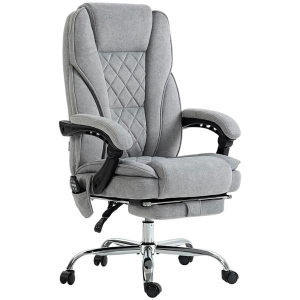 Grey reclining massage office chair with footrest, quilted back, armrests