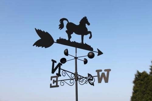 The Garden Marketplace Horse Steel Weathervane, Black Painted All-Steel Weather Vane With Wall Fixings and 1.7m Ground Spike, Wind Speed Cups