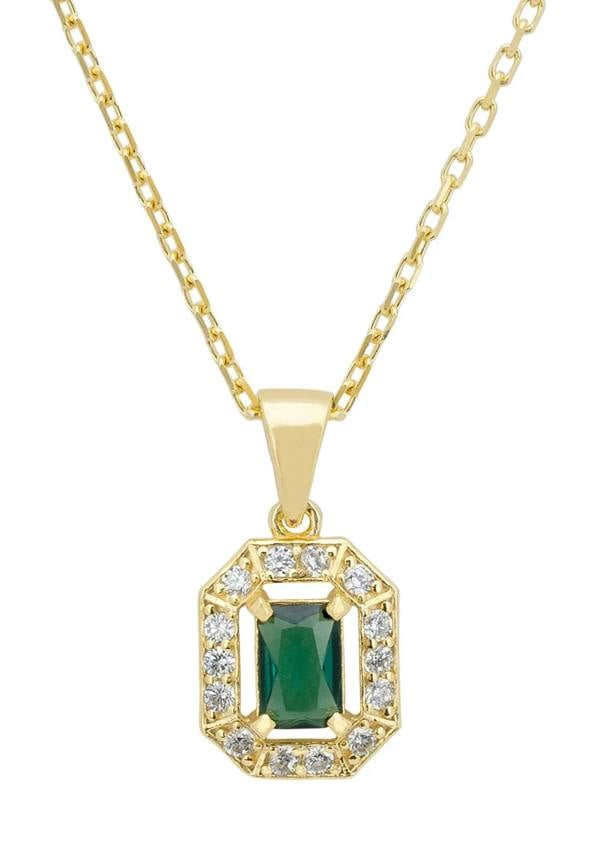 Close-up of the diamond halo emerald pendant.