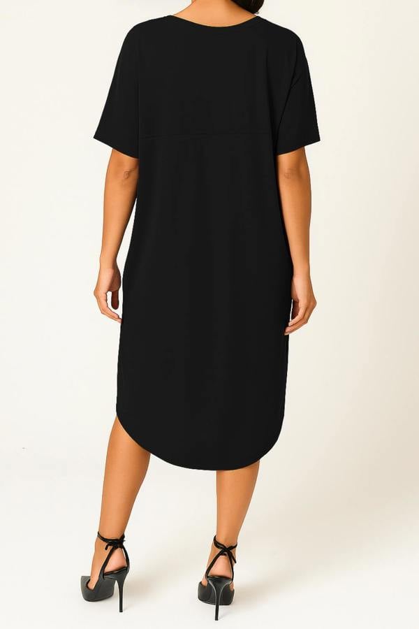 Hoxton Gal Relaxed Fit V-Neck Batwing Sleeve Midi Dress Kaftan Style in Black