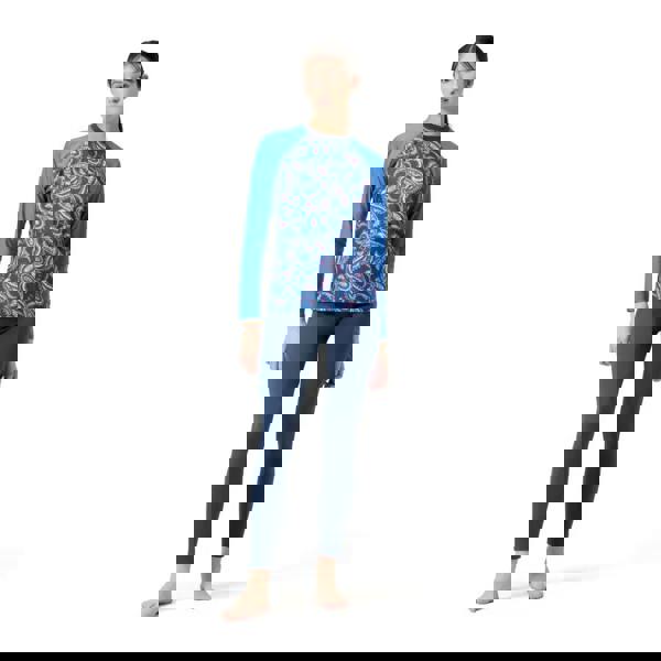 Speedo long sleeve panel printed swim tee in blue gray leggings with colorful abstract pattern