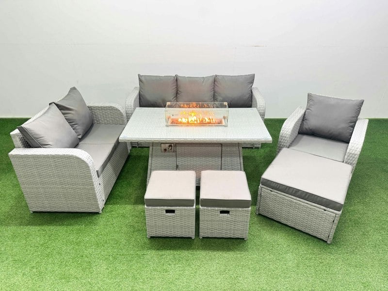 Fimous Patio 9 Seater Outdoor Rattan Furniture Sofa Sets with Fire Pit Dining Table Reclining Chair Loveseat Sofa 3 Seater Sofa Stool Light Grey