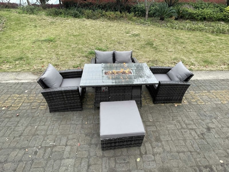Fimous Rattan Outdoor Furniture Gas Fire Pit Rectangle Dining Table Gas Heater Chairs Two Seater Love Sofa Sets Big Footstools 5 Seater