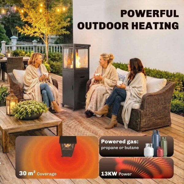 Bobobiy Gas Patio Heater, 13 kW Portable Propane Outdoor Heater with Stepless Heat Control, Tip-over Protection, 4 Wheels, Black