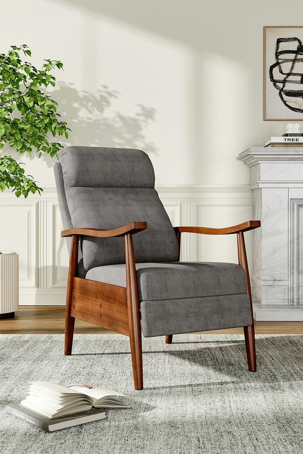 Living and Home Grey Manual Recliner with Walnut Colored Wooden Armrests