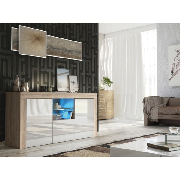 Mex Furniture 145cm Modern TV Unit, Cabinet Stand & Sideboard, with White Gloss Doors & Free LED