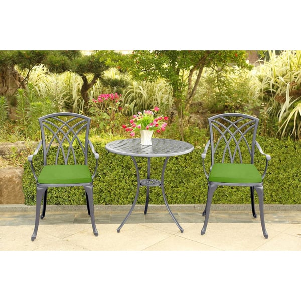 Centurion Supports OSHOWA Luxurious Garden and Patio Table and 2 Large Chairs with Armrests Cast Aluminium Bistro Set - Grey with Green Cushions