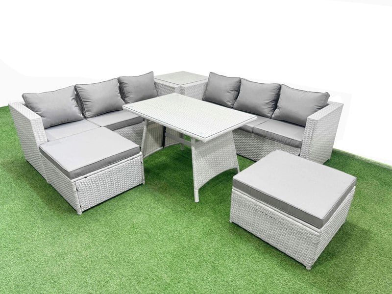 Fimous Rattan Garden Furniture Dining Set 8 seater Patio Rectangular Table 3 Seater Sofa Set with Side Table 2 Big Stools Light Grey