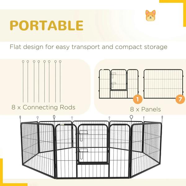 Black steel 8-panel dog playpen, flat-fold design with connecting rods and swing gate.