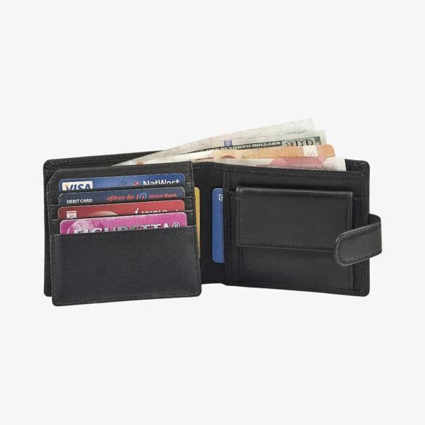 Black leather flap over wallet showing 8 card slots