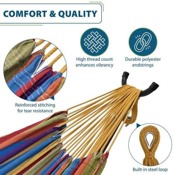 Vivere Double Cotton Hammock with Solid Pine Stand (260cm) - Tropical