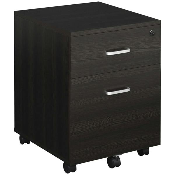 Locking office filing cabinet with two drawers, dark wood-grain finish and metal handles