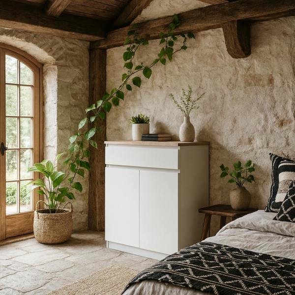 Wyld Haus Budapest White Wooden Tall Sideboard 1 Drawer 2 Doors