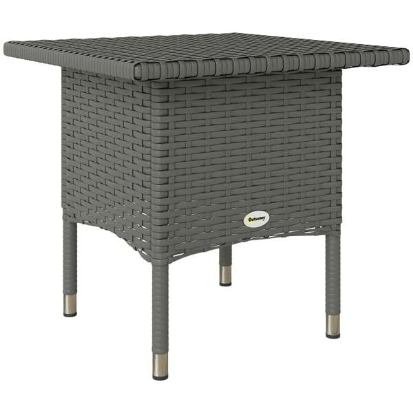 Grey woven rattan-style outdoor side table with flat tabletop and four metal legs