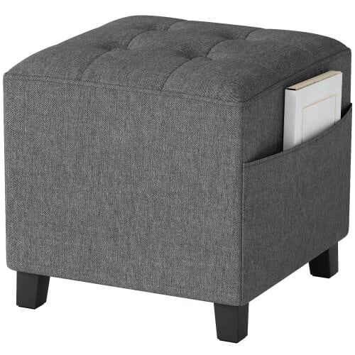 Wyld Haus Linen Grey Compact Square Footstool With Side Pocket And Black Wooden Legs