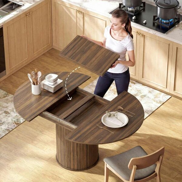 Extendable Round Dining Table Kitchen Table Hidden Leaf Storage Pedestal Base Seats 6-8 110-150 cm Dark Walnut