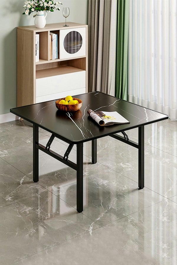 Living and Home 80cm Square Foldable Coffee Table with Marble Effect Top Low Dining Table