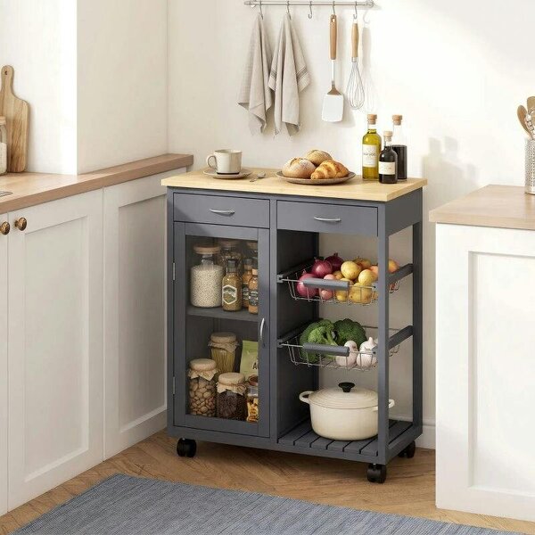 Bamboo Kitchen Island, Rolling Kitchen Trolley with Glass Door, 2 Metal Wire Baskets and Adjustable Shelf, Grey
