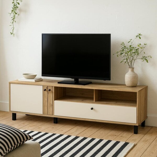 Wyld Haus Oslo Industrial Cream and Oak TV Unit with 2 Doors 1 Drawer