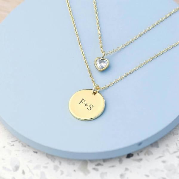 Personalised Layered Crystal Heart And Disc Necklace - alternative angle