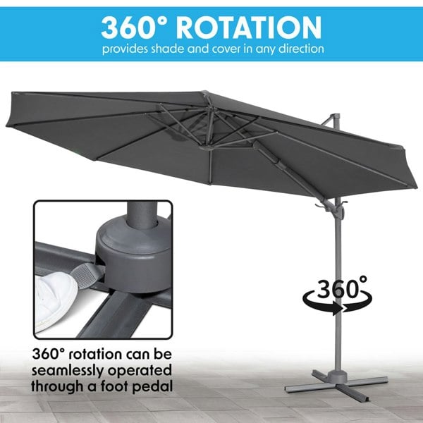 PREMIUM 3m Banana Parasol Grey & 92L Base Set Easy Tilt & Swivel Garden Umbrella - LoopsDirect