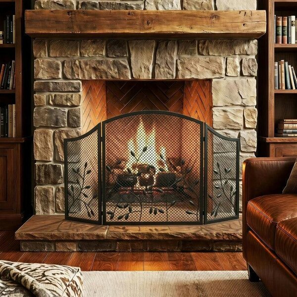 Floral 3-Panel Folding Fireplace Screen for Hearth Protection, Heat-Resistant Metal Fire Spark Guard, Black