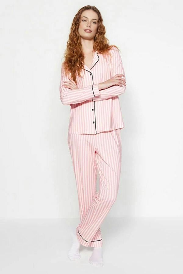 WOVCOR 2-Piece Striped Pattern Polar Fleece Lined Shirt-Pants Knit Pajama Set