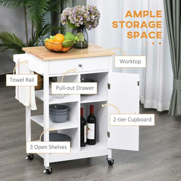 White kitchen trolley with light wood top, pull-out drawer, and open shelves with cabinet doors