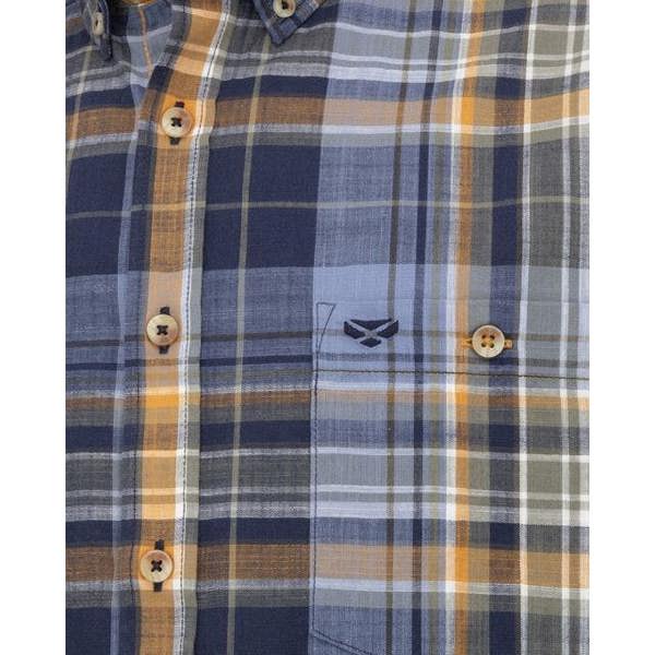 Close-up of Hoggs of Fife Crail check shirt with chest pocket, logo embroidery and button detail