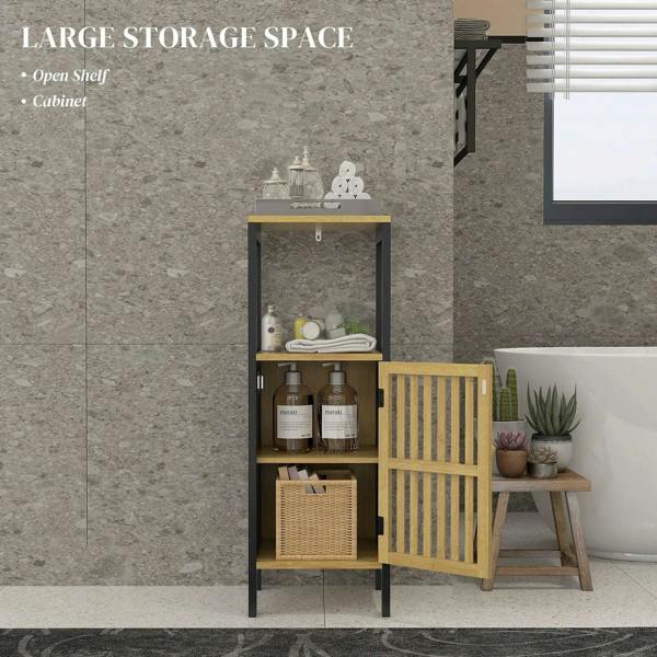Black bathroom storage cabinet with open cupboard shelves behind a bamboo slatted door