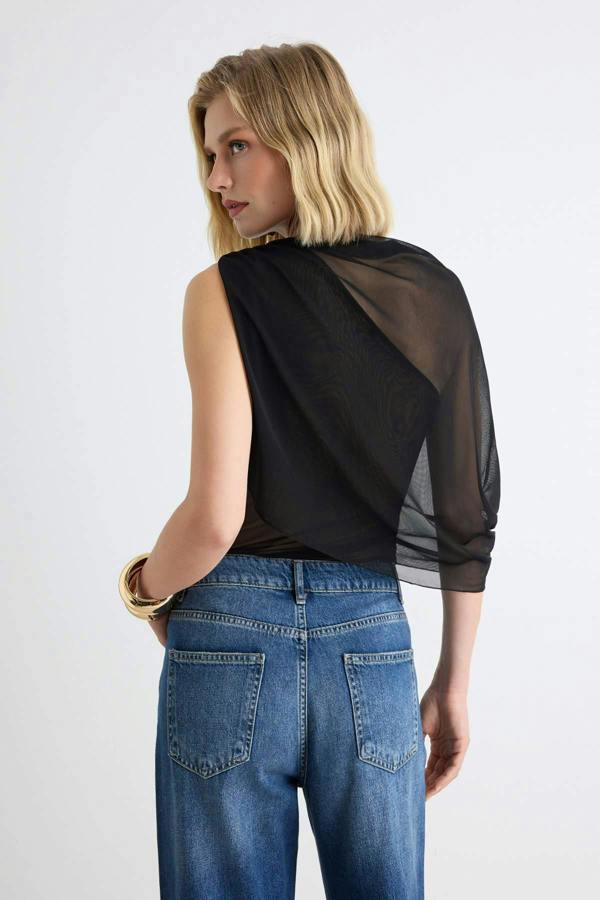 Asymmetric Neck Sleeveless Mesh Body