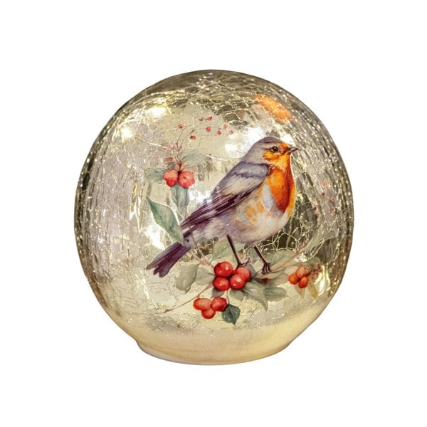 Samuel Alexander 20cm Battery Operated Light up Robin Crackle Glass Ball with 15 Warm White LEDs