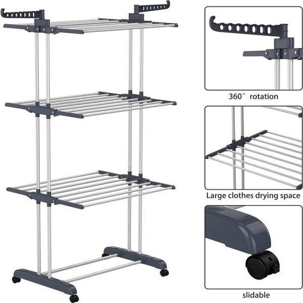 Gr8 Home Large Tower Clothes Airer 3 Tier Folding Drying Rack Towel Dryer Laundry Horse