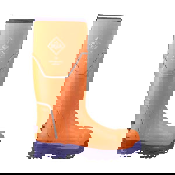Muck Boots MUCK Boots GRIT S5 Mens Tall Safety Composite Toe/Midsole Wellie, bright orange waterproof safety work boot with blue sole and silver accents, designed for industrial and outdoor safety.
