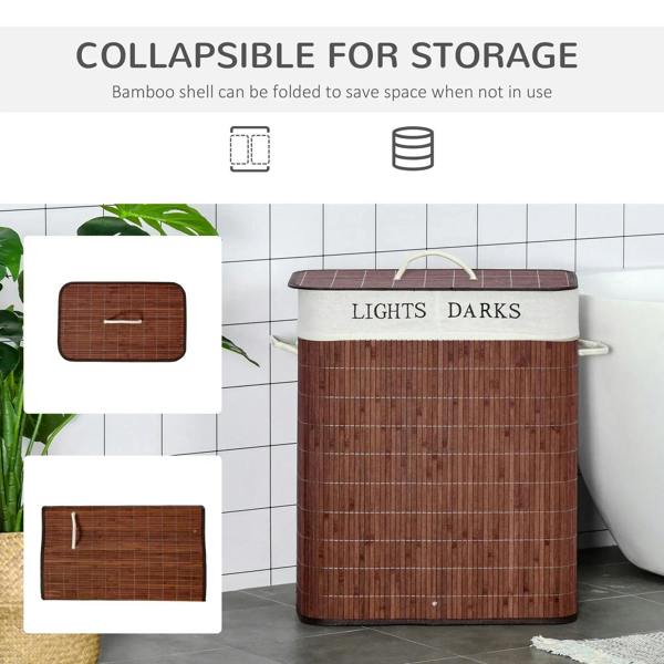Brown foldable laundry hamper with grid-pattern lid, string carry handles, and white top band.