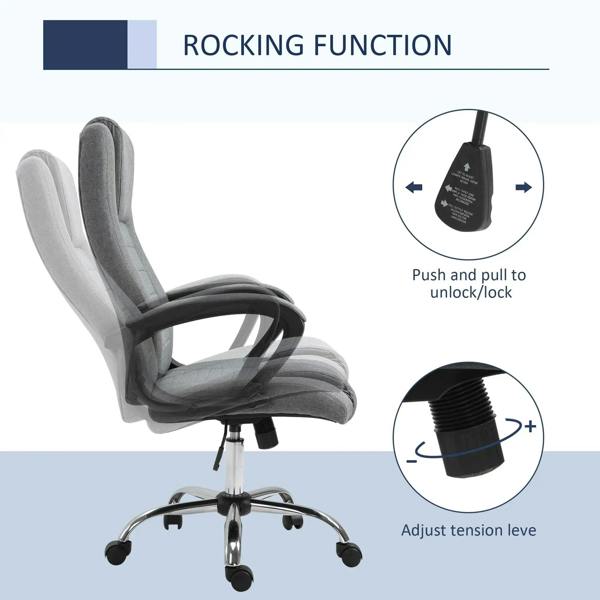 Dark grey swivel office chair showing rocking function control
