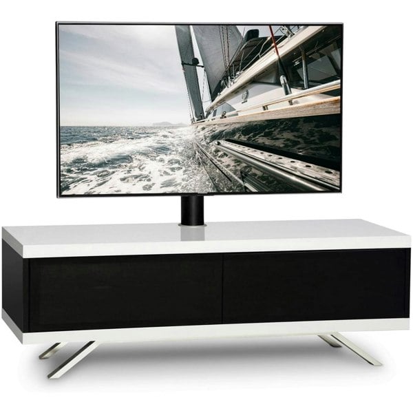 MDA Designs TUCANA 1200 Hybrid Black White TV Stand BeamThru Remote-Friendly Doors up to 60" Flat Screen TV Cabinet with Mounting Arm